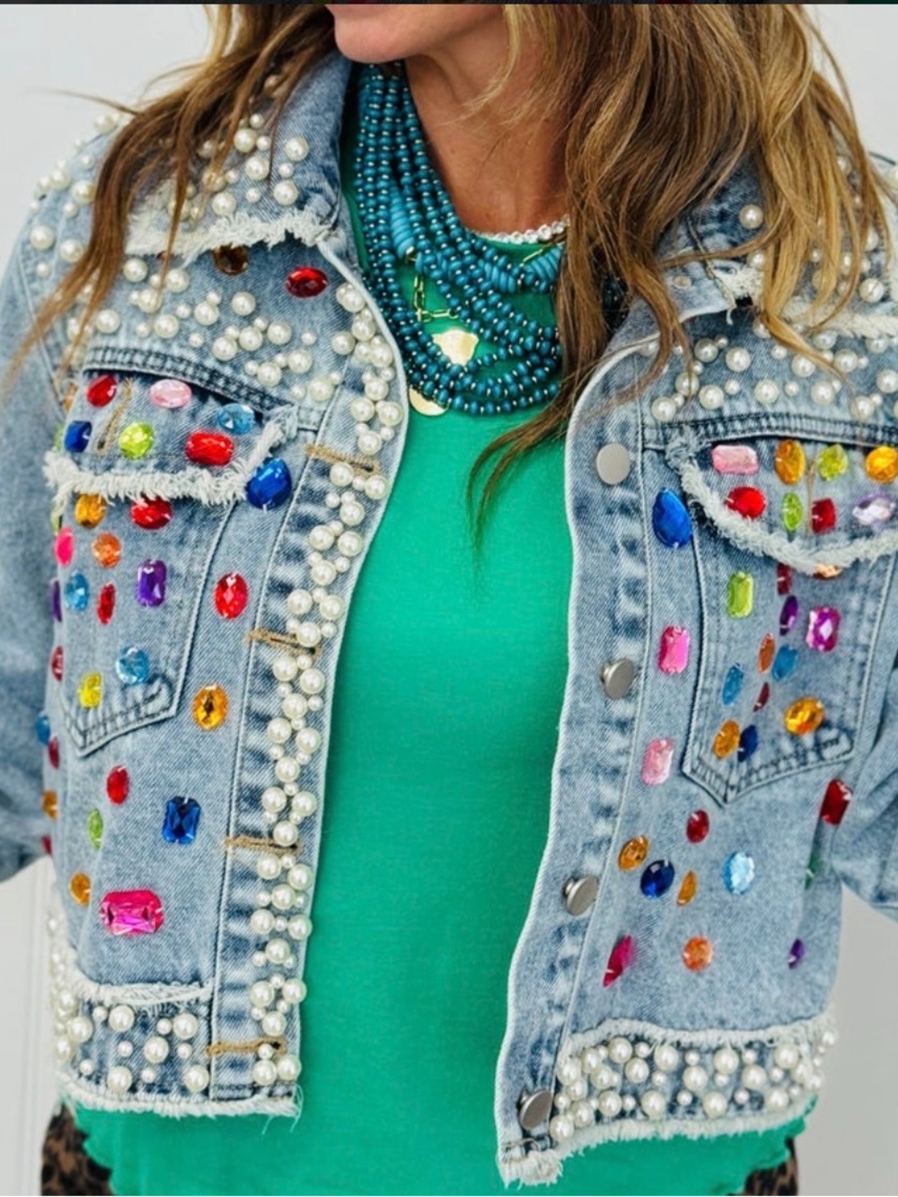 Trendy boutique Light Blue Denim Jean Jacket with Multicolor Gems & Pearl Trim